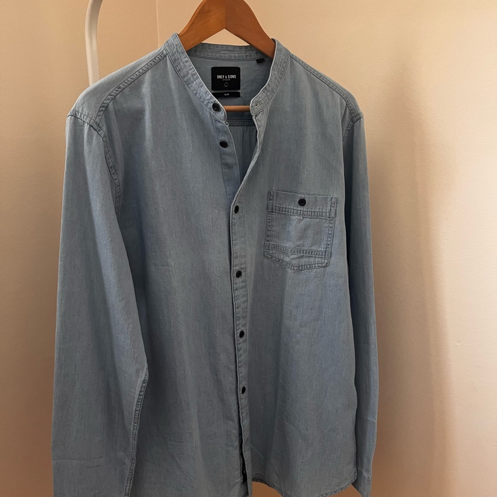 ONLY & SONS Light Blue Casual Button Down Collarless Shirt